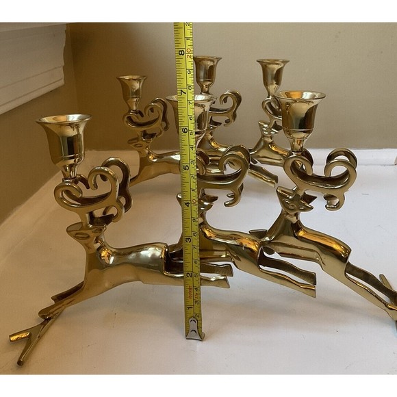 Polished Brass Reindeer 3 Pillar Candleholder Candelabra Vintage- Set Of 2 - Picture 8 of 10